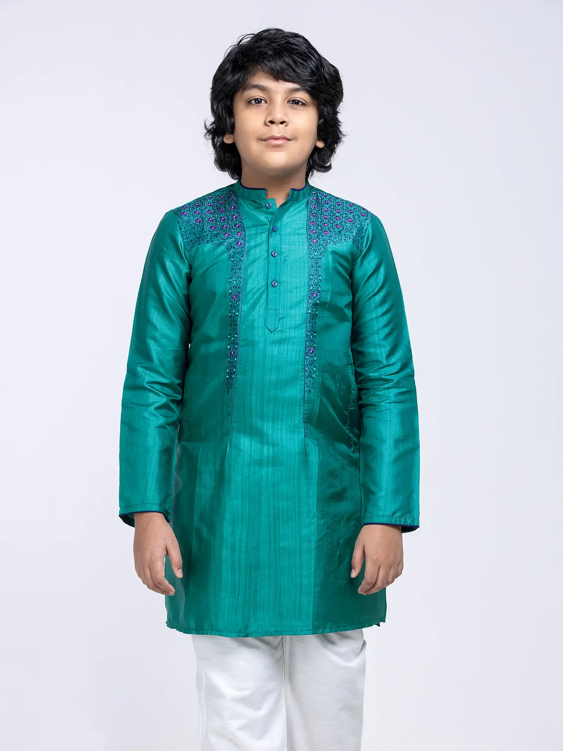 Teal Brush Painted and Embroidered Silk Panjabi